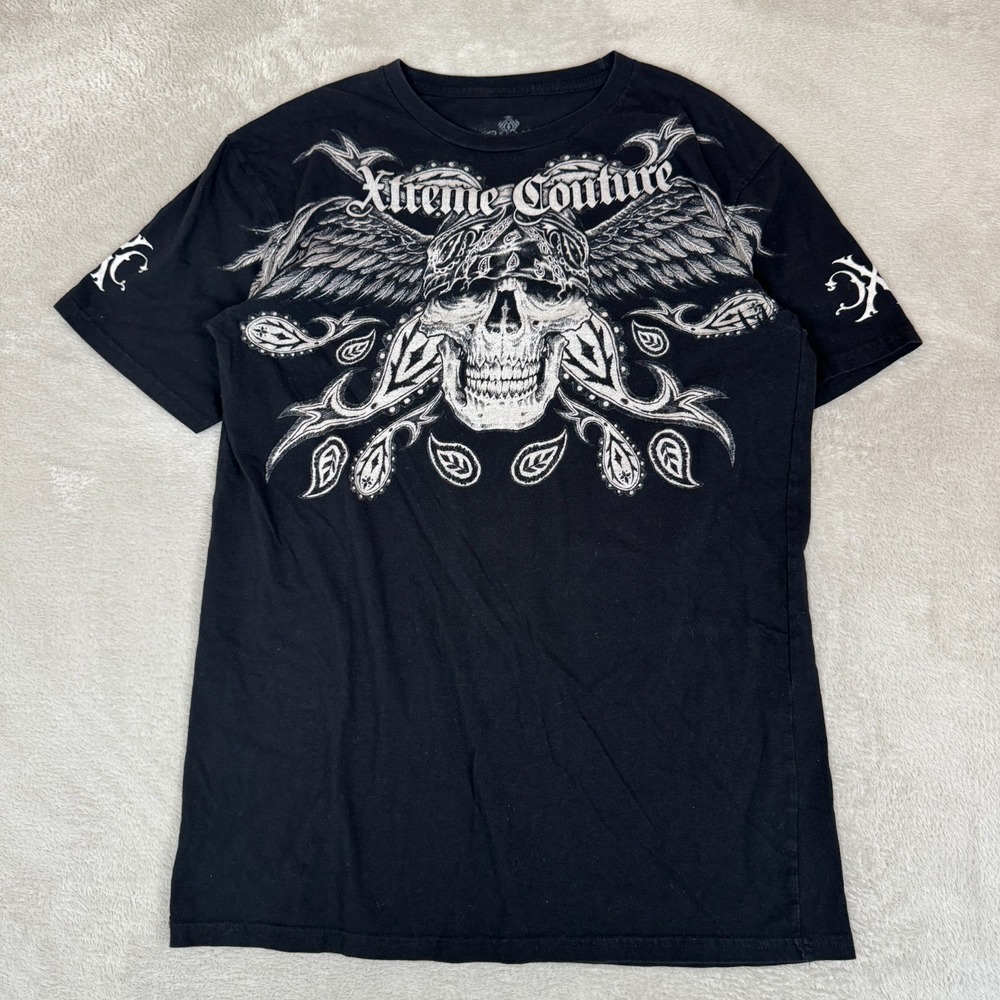 Vintage Y2K Xtreme Couture Skull‎ Wings Shirt Mens L Black Preowned Gothic Punk